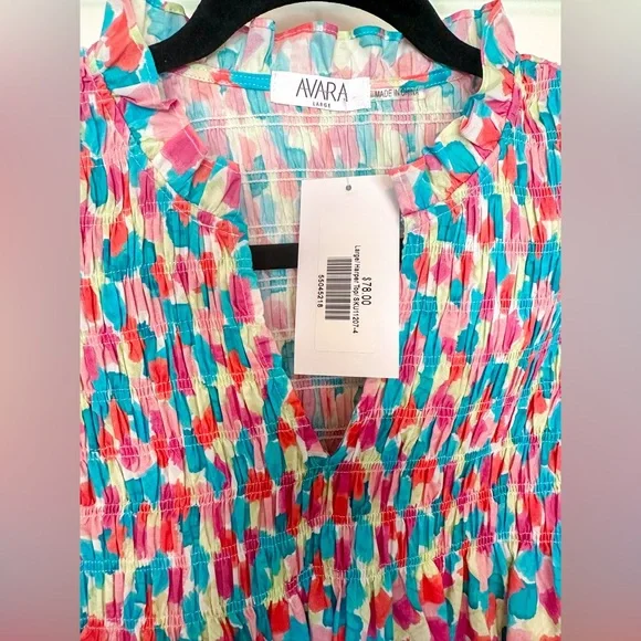 Avara Colorful Watercolor Print Smocked Babydoll Top in Pink, Blue, Green - Picture 2 of 11